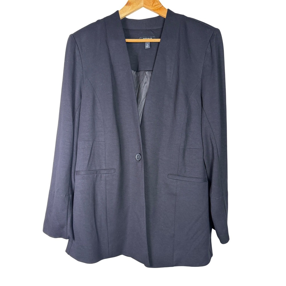 Torrid Blazer Women 2 Black Open Front Single Button Ponte Knit Collarless Plus